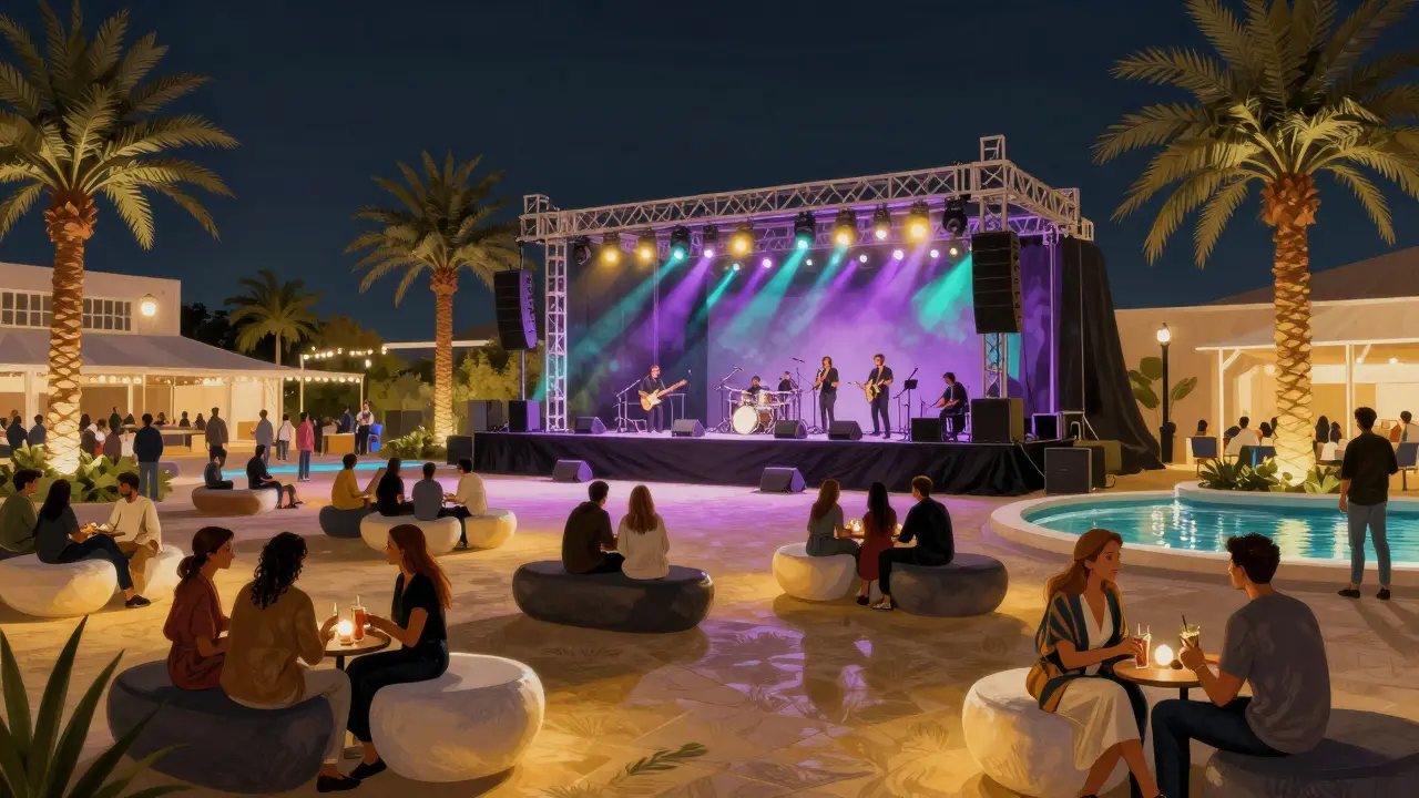 Outdoor festival venue with multiple stages and audience enjoying live music show