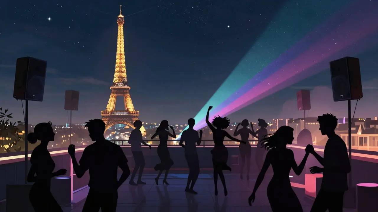 People dance on a rooftop club in Paris under a starry sky with the Eiffel Tower in the distance.