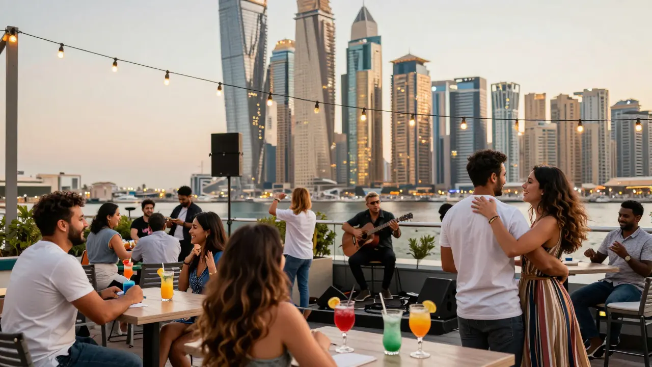 People enjoying a lively rooftop bar scene in Dubai Marina with city lights in the background.