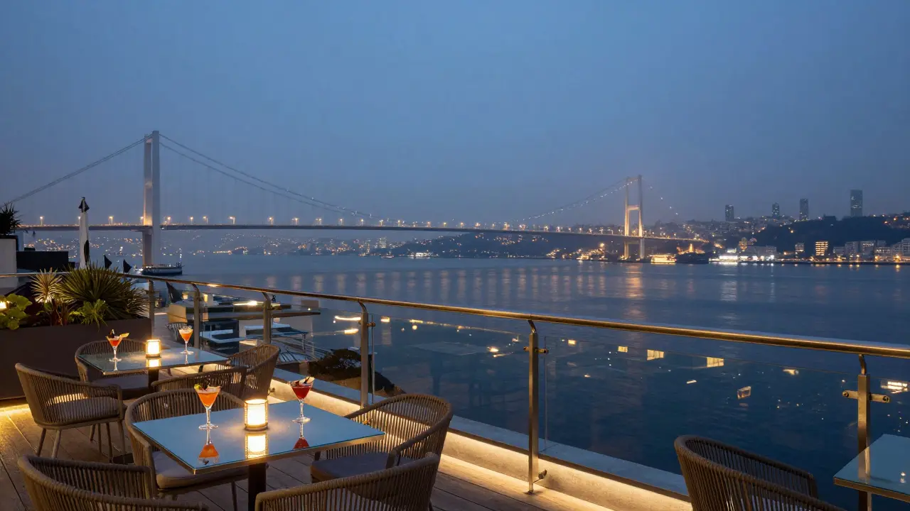 Rooftop bar view overlooking Istanbul city lights at night