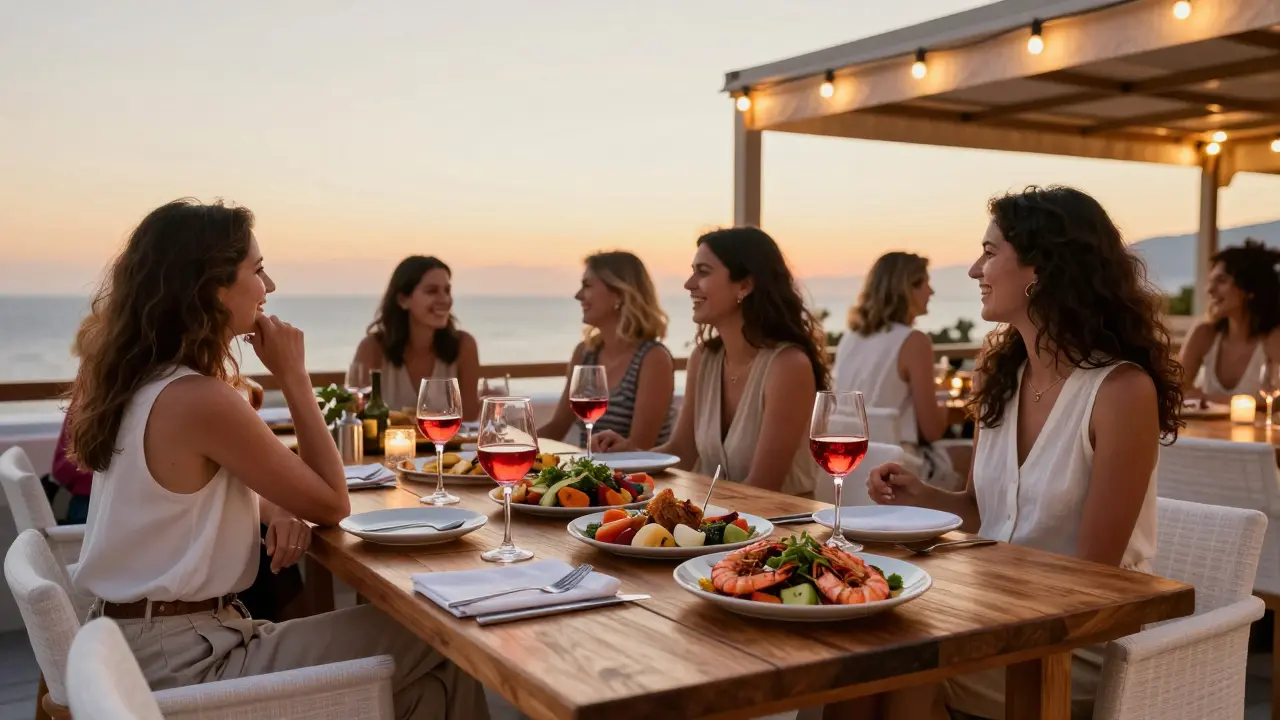 Rooftop dinner party with Mediterranean food and wine at sunset