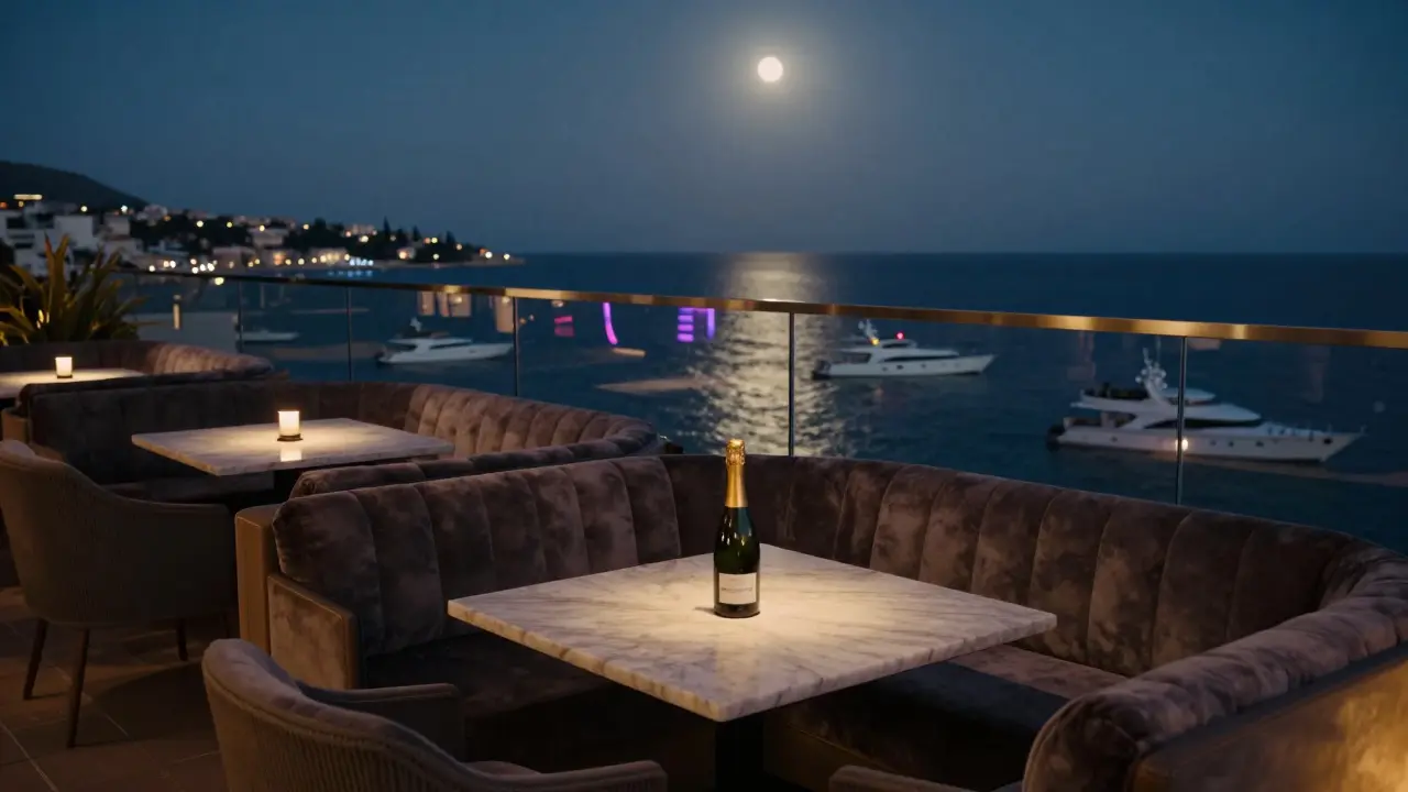 Rooftop lounge with a single champagne bottle overlooking yachts at night, bathed in moonlight and city glow.