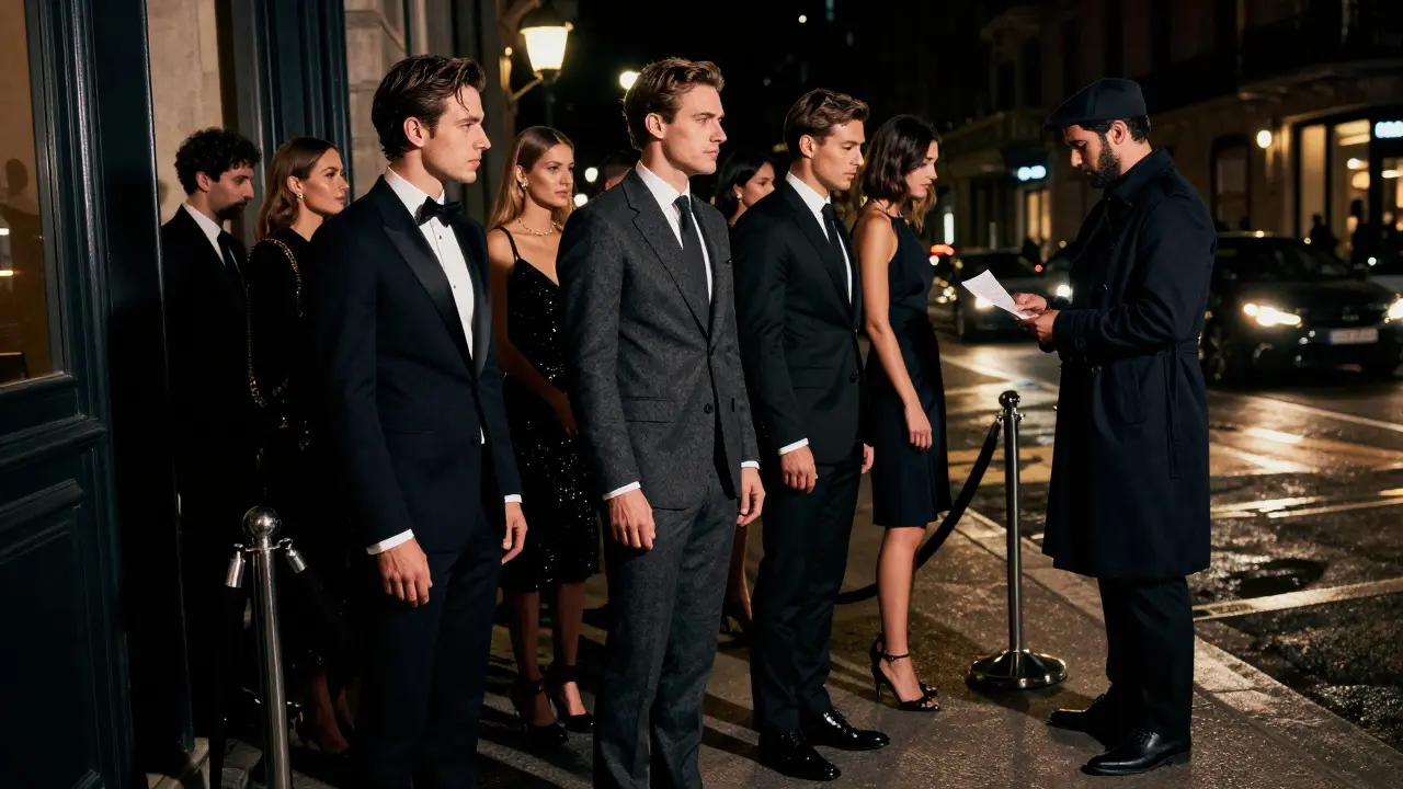 Stylishly dressed crowd entering a nightclub in late evening.
