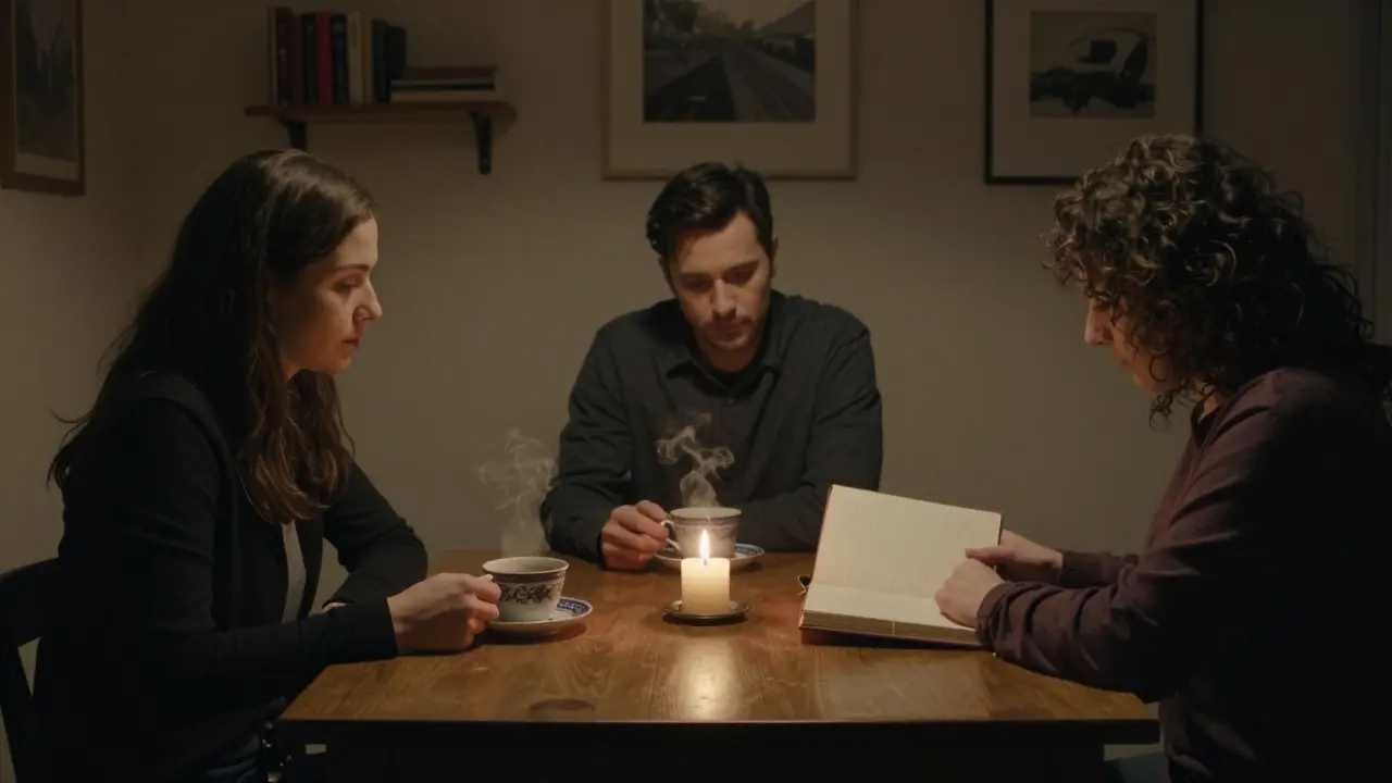 Three companions in silent communion in a cozy London flat, no devices, just tea and a journal, candlelight casting warm shadows.