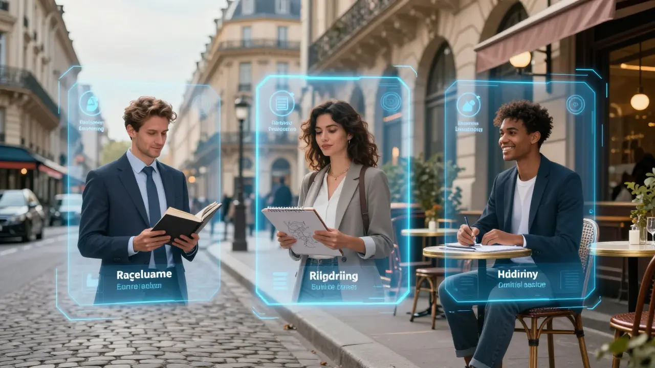 Three digital companion profiles floating above a Paris street, each with customizable filters for language, interests, and personality type.
