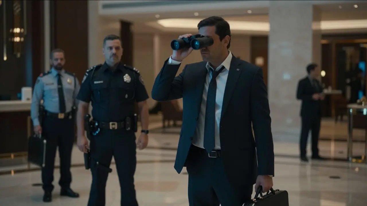 Undercover police officer observing a suspicious man in a Dubai hotel lobby at night.