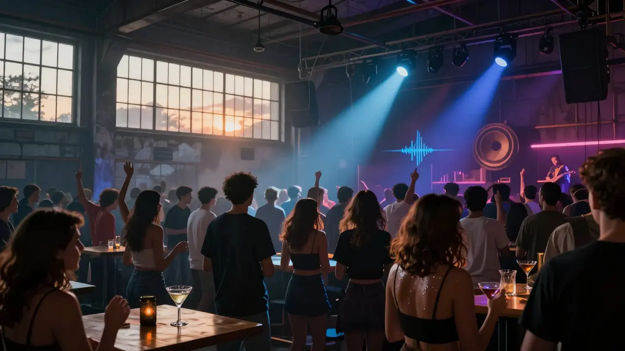 Underground club in Lambrate at dawn, crowd dancing to deep techno in industrial space.