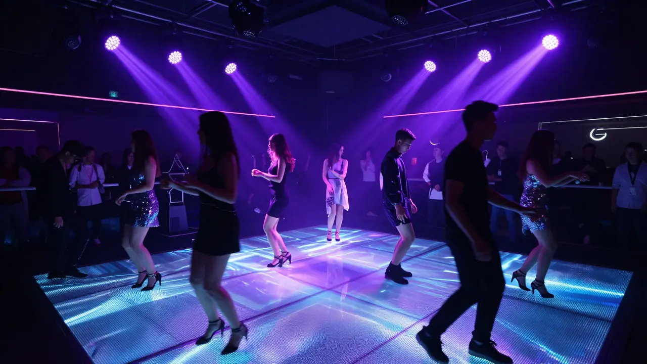 Underground club with LED-lit dance floor and stylish dancers under sweeping spotlights, no casual attire in sight.