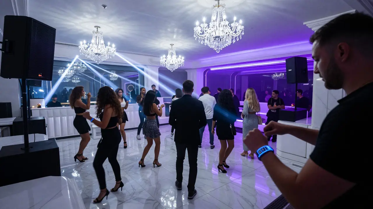 Underground club with white marble floors, crystal chandeliers, and dancing crowd under pulsing lights.